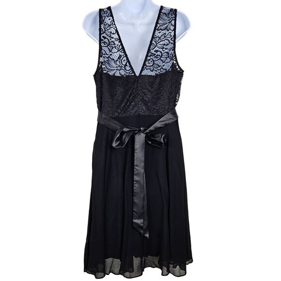 Womens XL Elegant Black Lace Cocktail Party Dress Satin Bow & Mesh Skirt A-Line - Picture 5 of 13